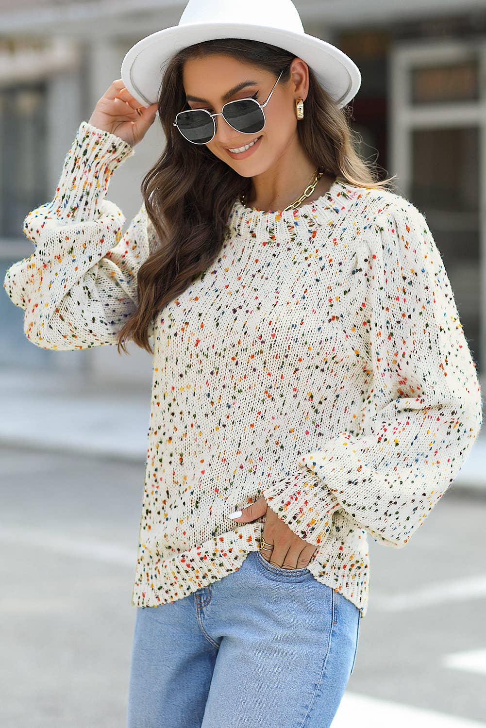 Beige Colorful Dots Cable Knit Crew Neck Sweater: AS SHOWN / S