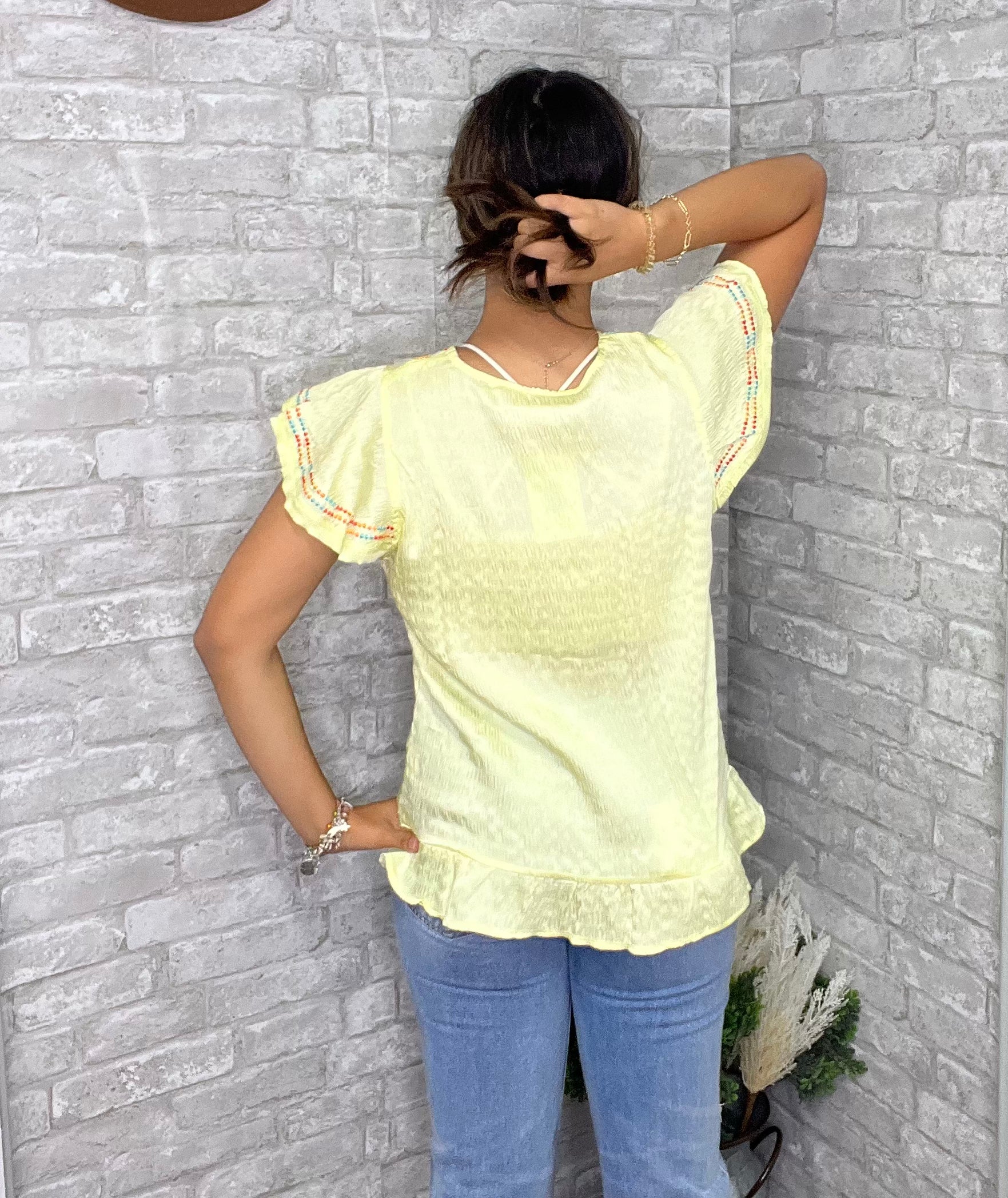 Yellow Geometric Embroidery Textured Top with Ruffles