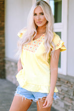 Load image into Gallery viewer, Yellow Geometric Embroidery Textured Top with Ruffles
