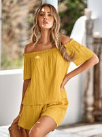 Load image into Gallery viewer, Textured Frill Trim Off-Shoulder Top and Shorts Set
